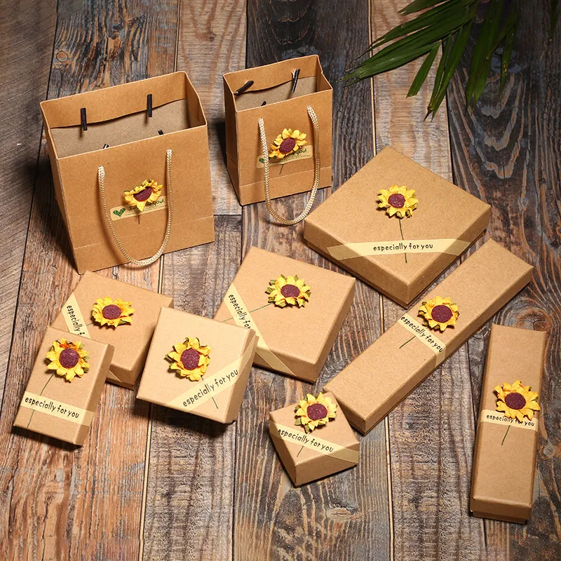 Retro Kraft Paper Jewelry Gift Box And Bag With Sunflower Decal For Necklaces Rings Bracelet Small Gift Packaging