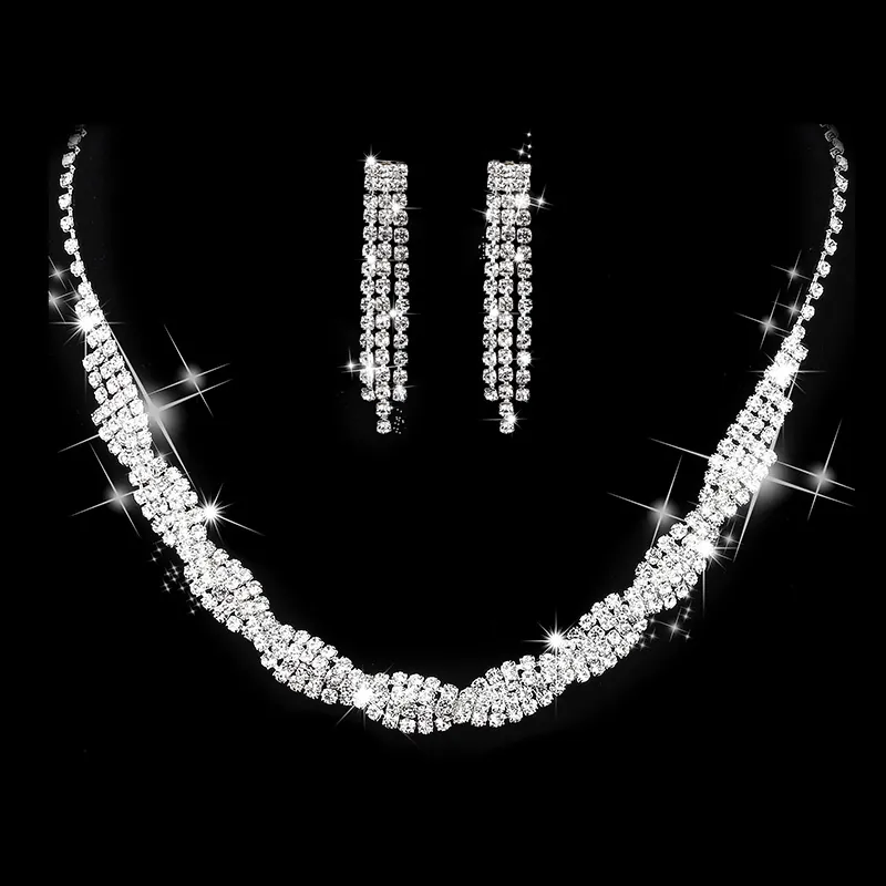 Elegantes Strass Schmuck Halskette Und Ohrringe Versilberte Kupfer Klauenkette Gedrehte Welle Lange Quasten Für Hochzeit Braut