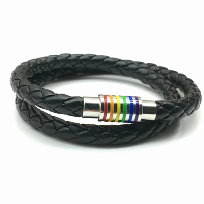 Braided Leather Double Wrap Bracelet Stainless Steel Rainbow Striped Magnetic Clasp Casual Unisex Multipurpose Accessory