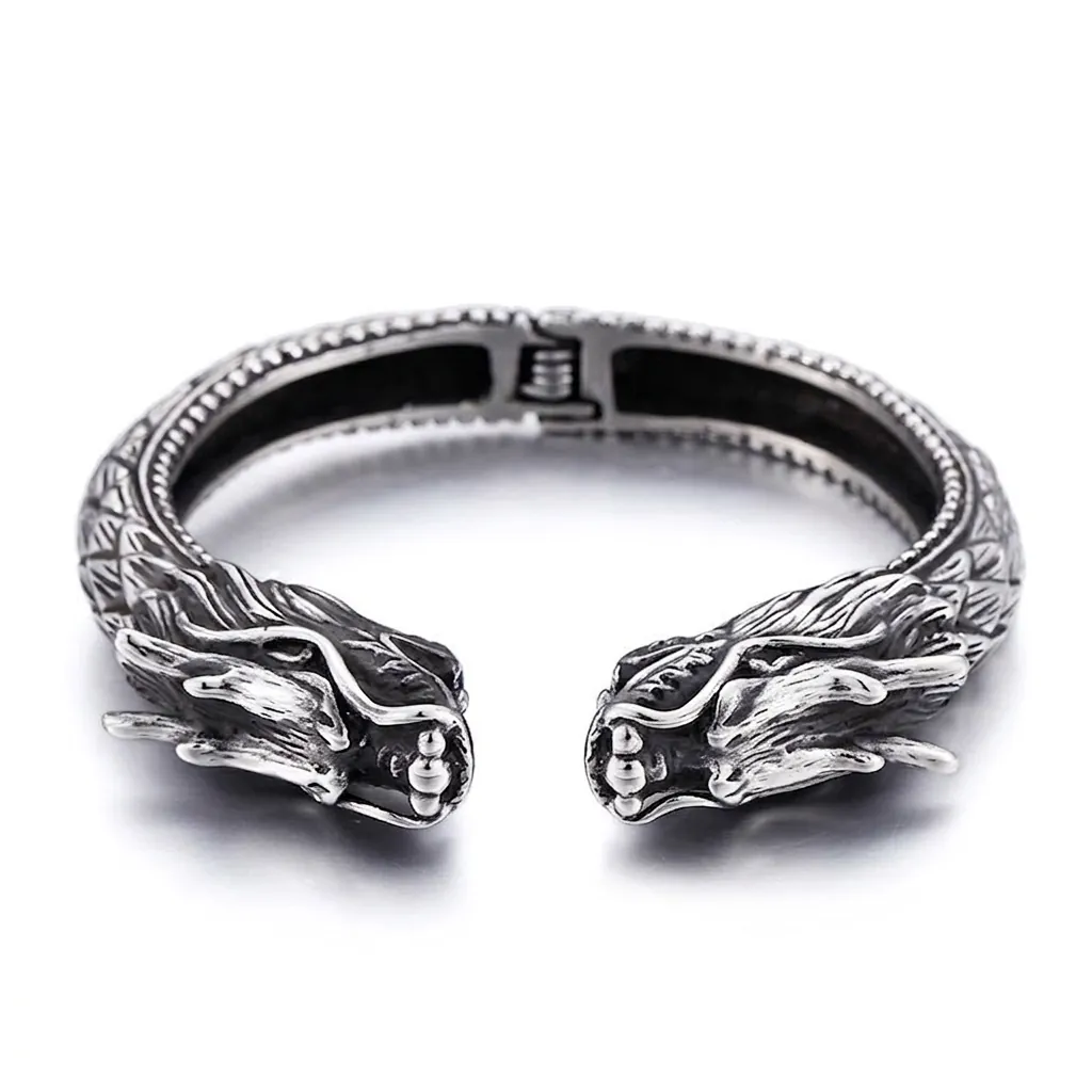Bracelet Jonc Ouvert Homme Acier Inoxydable 316L Tête Dragon Loup Lion Rétro Punk Charnière Gothique Bijou