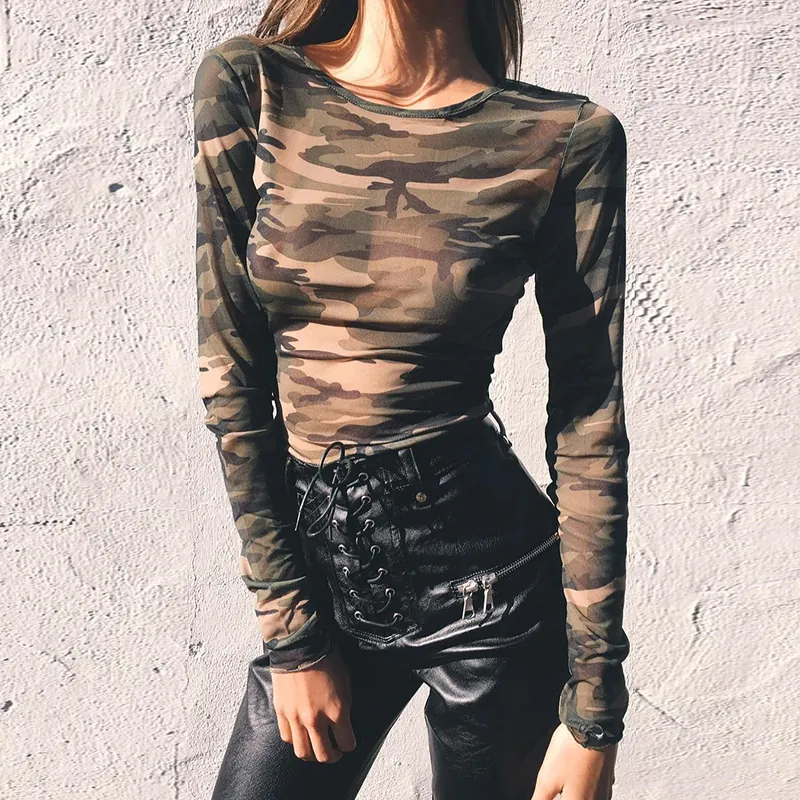 Women Camouflage Mesh T-Shirt Long Sleeve See Through Slim Fit Streetwear Round Neck Crop Top