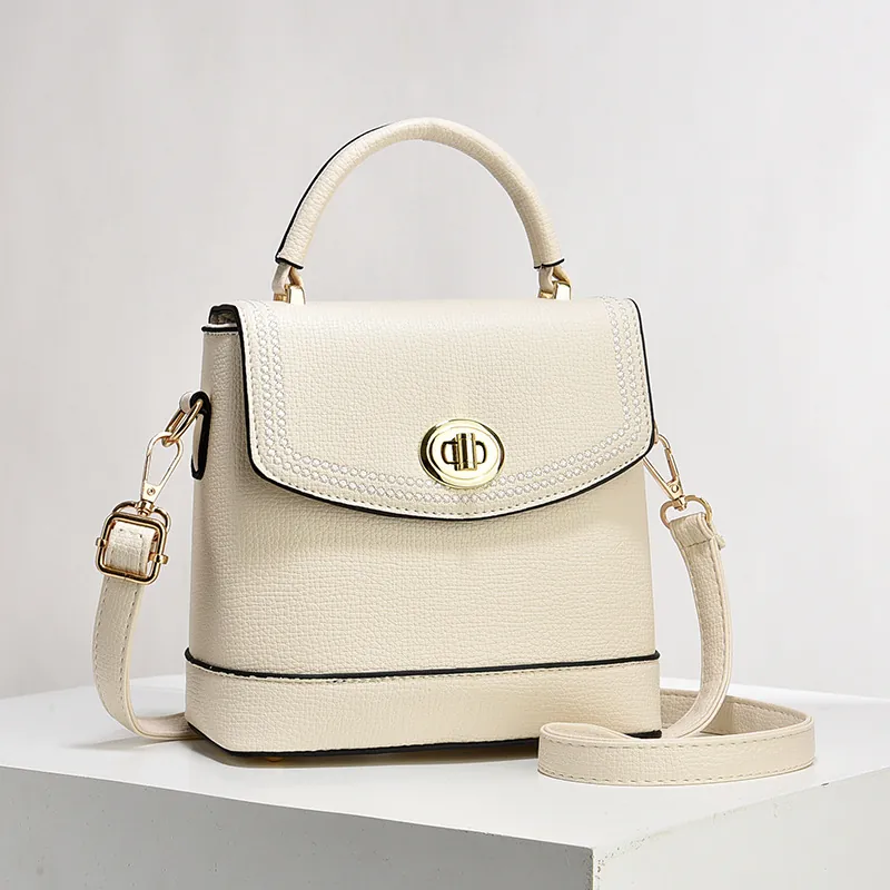 Litchi Pattern PU Leather Handbag With Polyester Lining Women Golden Twist Lock Versatile Shoulder Crossbody Bag