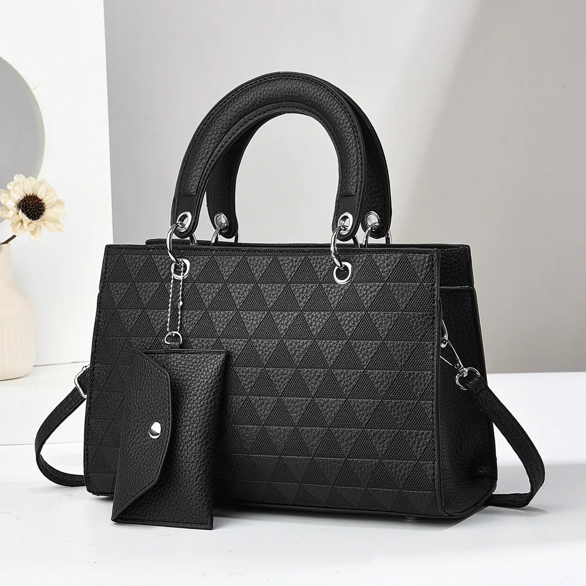 Women Handbag PU Leather Geometric Triangle Embossed Handbag With Pouch Retro Crossbody Shoulder Bag Chic