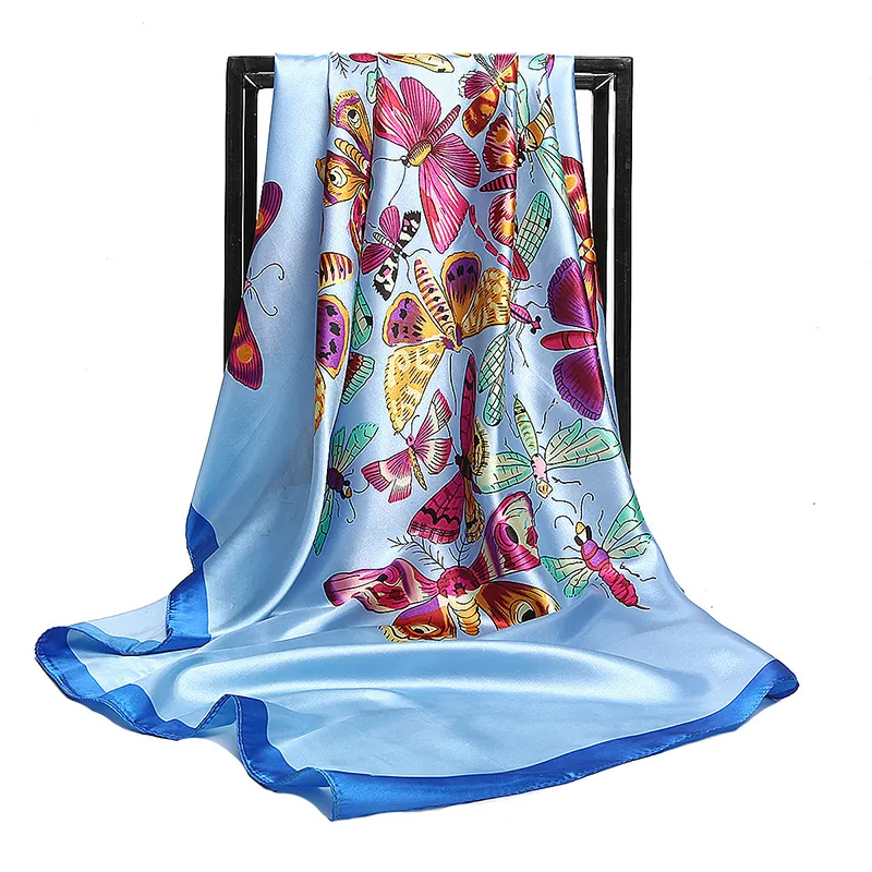 Vibrant Butterfly Print Women Faux Satin Satin Square Scarf Elegant Smooth Decorative Head Neck Wrap Fashion Accessory