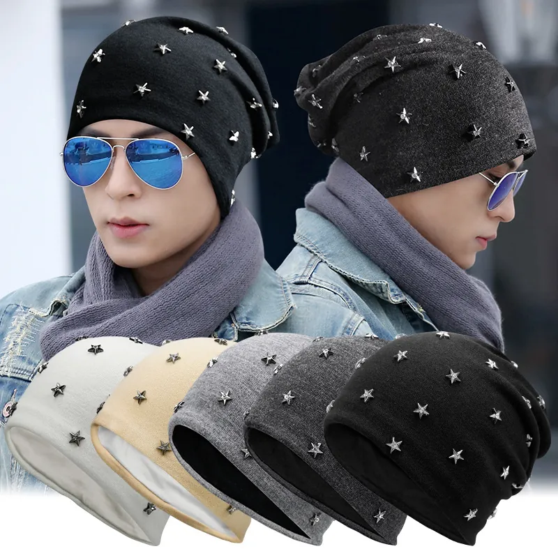 Star Rivet Beanie Hat Acrylic Knitted Warm Windproof Winter Streetwear Unisex Slouchy Cap
