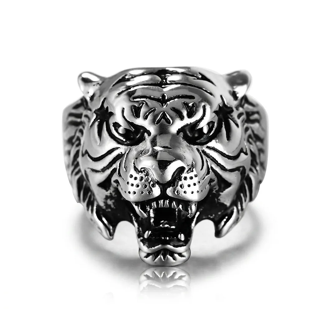 Men Tiger Head Ring Stainless Steel Roaring Animal 3D Relief Punk Retro Vintage Hip Hop Jewelry Accessory Masculine Style