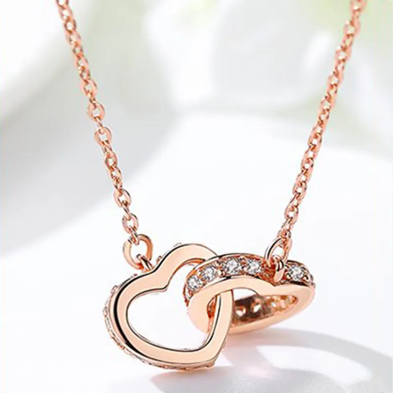 Interlocking Double Heart Pendant Necklace 925 Sterling Silver Cubic Zirconia Elegant Jewelry Gift For Women