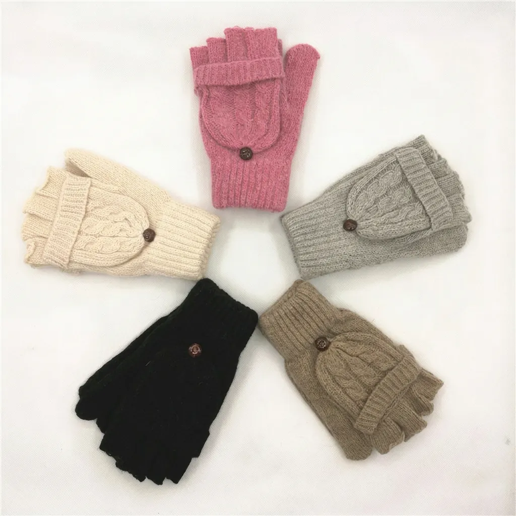 Moufles en Maille de Poil de Lapin Gants à Demi-doigts Convertibles Hommes Femmes Motifs Flocons Cerfs Argyle Chauds