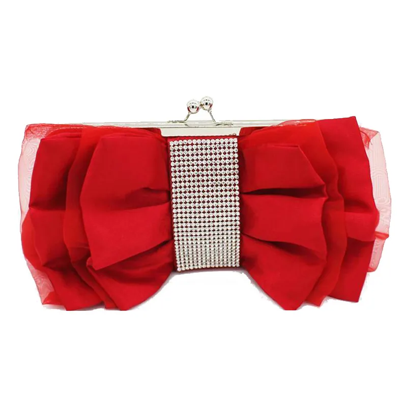 Elegant Satin Evening Clutch Bag Oversized Bow Pleated Rhinestone Wedding Party Bridal Handbag Metallic Clasp