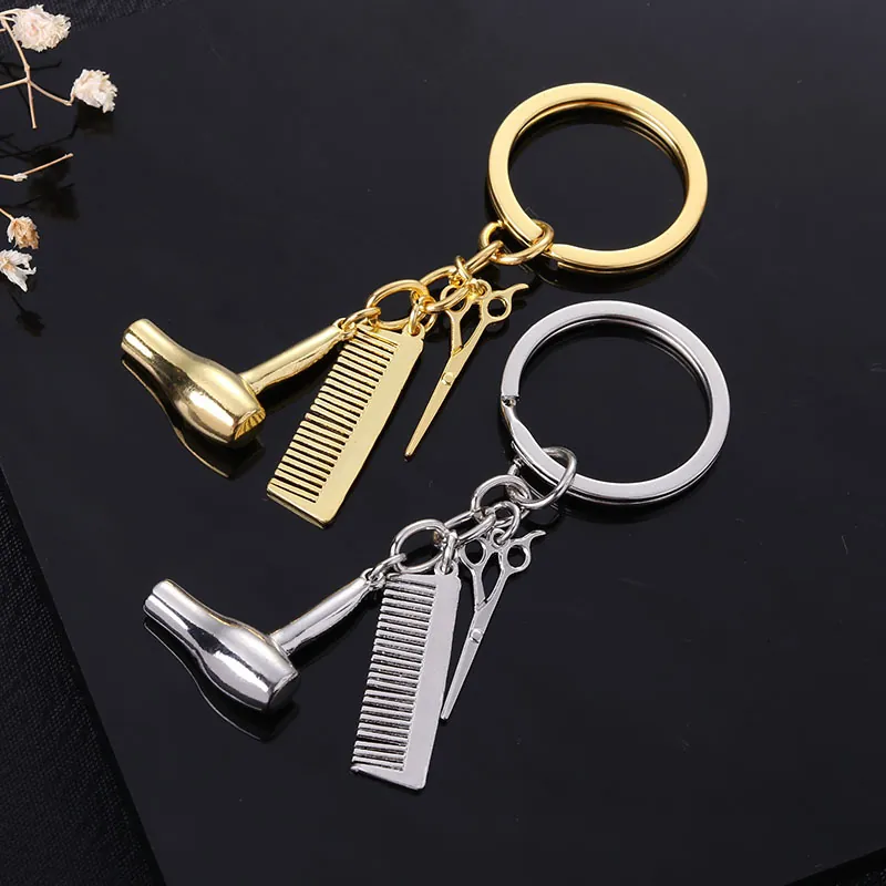 Portachiavi Parrucchiere Lega Di Zinco Mini Asciugacapelli Pettine E Forbici Ciondoli Regalo Stilista Accessorio Metallo Lucidato