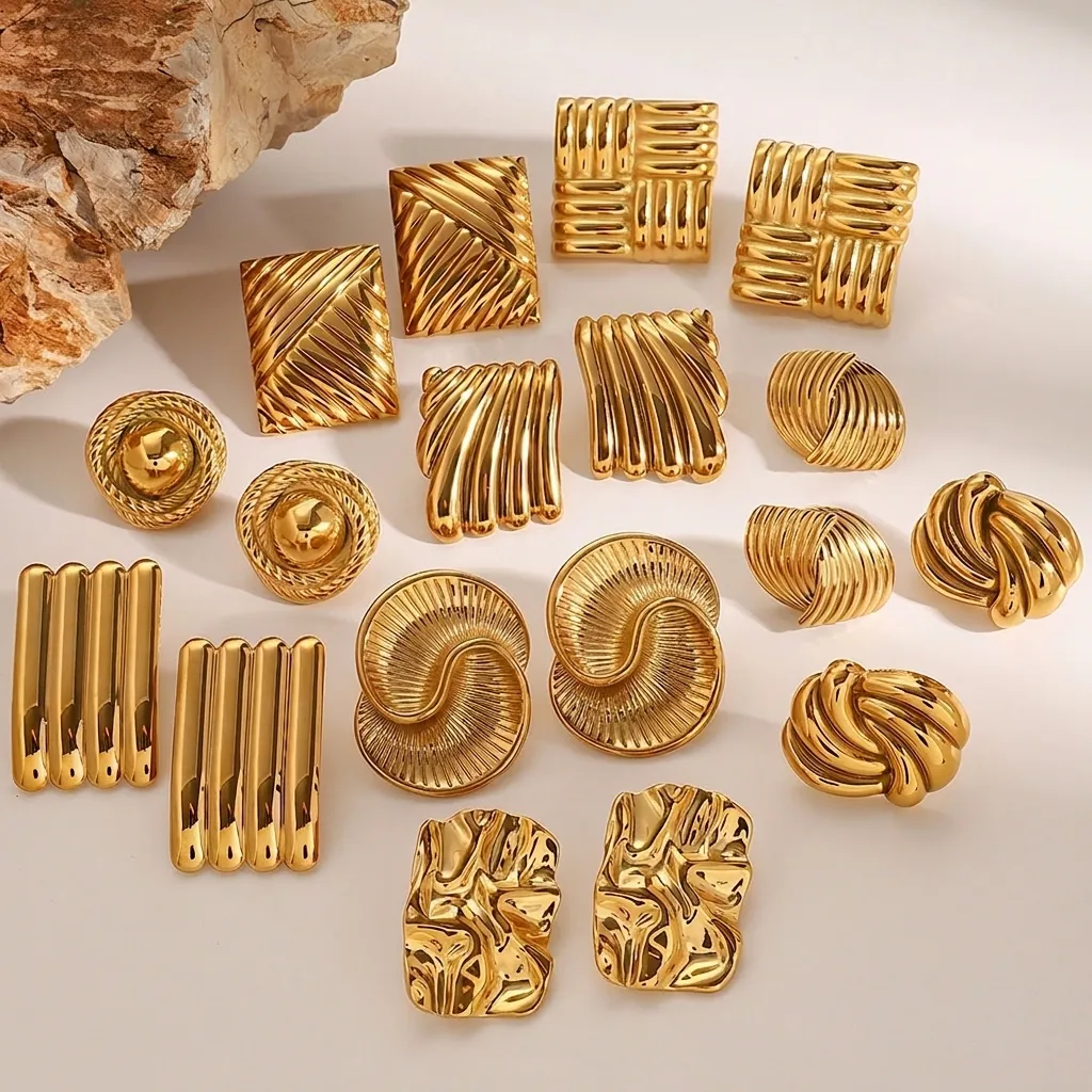 Stainless Steel Geometric Stud Earrings Gold Plated Textured Chunky Vintage Minimalist Boho Hypoallergenic Jewelry For Women