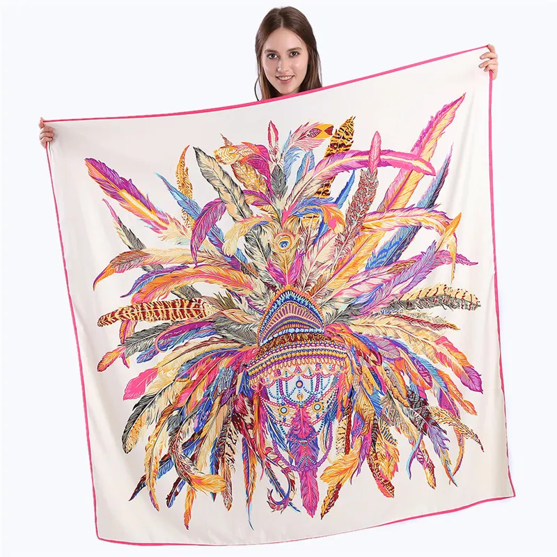 Foulard Carré Mode Femme Simulation Satin Satin Sergé Imprimé Plume Couronne Châle Bohème Ethnique