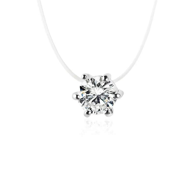 Minimalistische Runde Zirkonia Solitär Anhänger Halskette Transparente Unsichtbare Angelschnur Collier Für Damen Kupfer Schmuck
