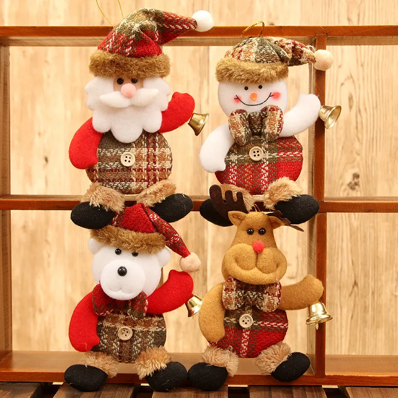 Christmas Hanging Ornaments Plaid Fabric Plush Dolls With Gold Bells Santa Snowman Reindeer Bear Holiday Tree Decorations