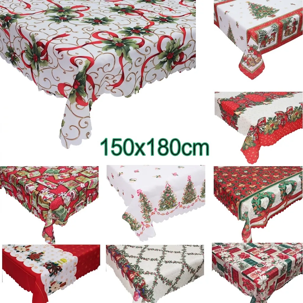 Christmas Tablecloth Rectangular Polyester Holiday Dinner Decor Wave Edge Festive Santa Reindeer Print