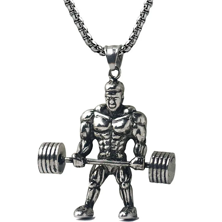 Vintage Legierung Muskelmann Langhantel Anhänger Halskette Für Herren Fitness Fitnessstudio Bodybuilding Stil Schmuck Antik Silber Gold Kette