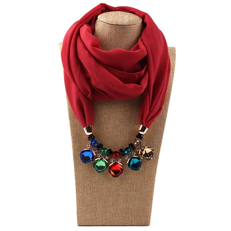 Women Scarf Necklace Chiffon Fabric With Large Artificial Gemstone Pendant Statement Jewelry Elegant Long Wrap Scarf