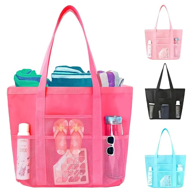 Large Capacity Mesh Beach Bag Multi-Pocket Portable Foldable Storage Bag For Gym Swimming Shower Travel Lightweight Tote Bag