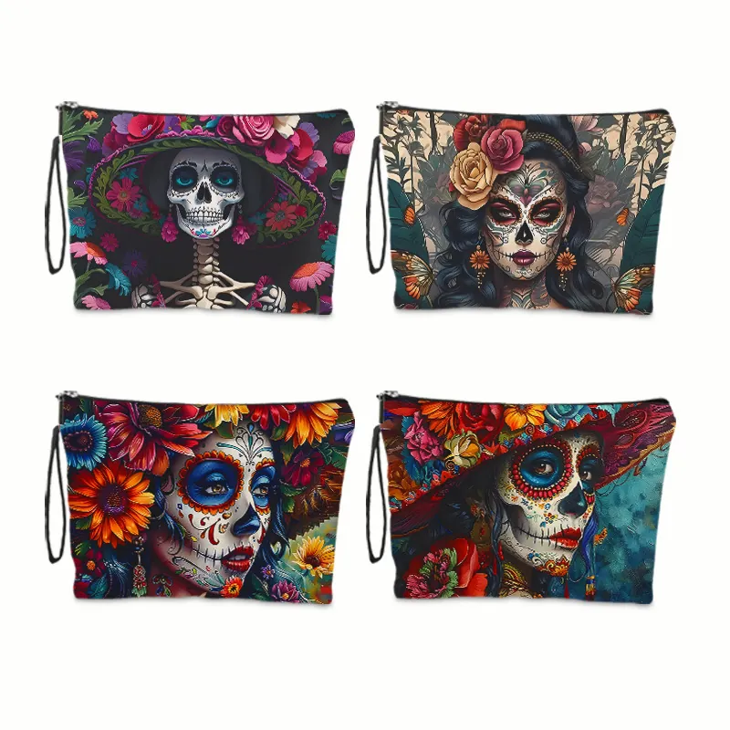 Linen Makeup Bag Zipper Toiletry Storage Pouch Mexican Day Of The Dead Sugar Skull Floral Print Portable Travel Organizer