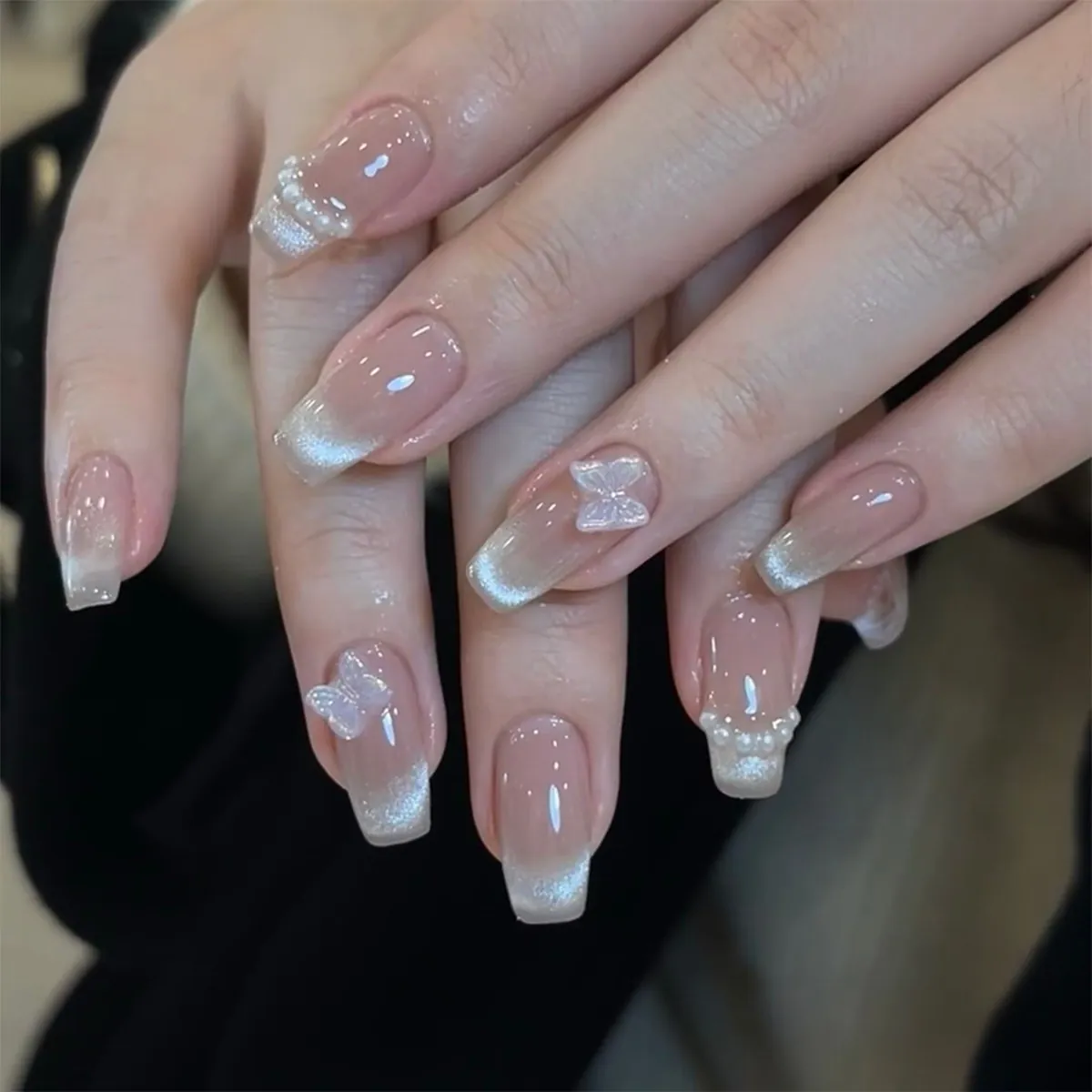 Pink Cat Eye Press On Nails Long Coffin Shape With 3D Butterfly And Artificial Pearl Decor Handmade Artificial Fingernails