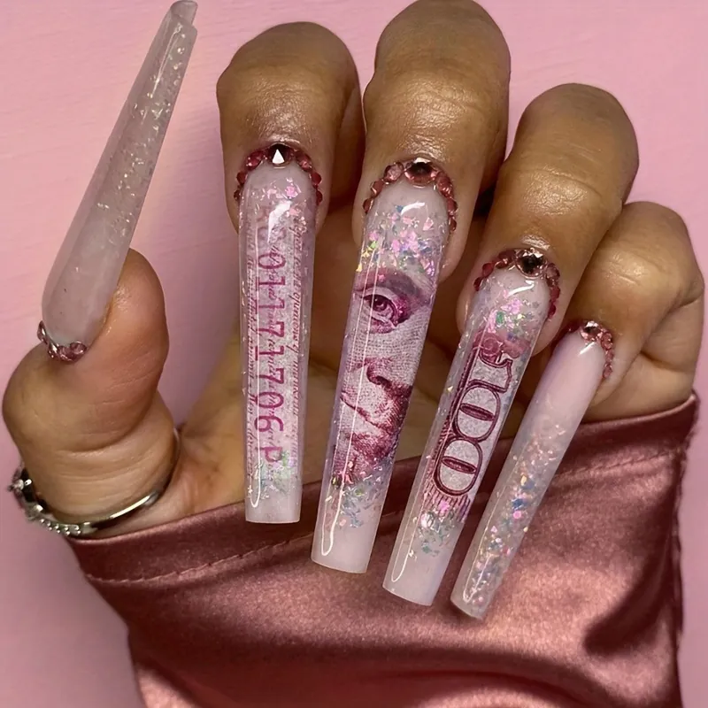 Extra Long Coffin Press On Nails Pink Gradient Money Pattern Dollar Bill Design Rhinestone Inlaid Glitter For Women