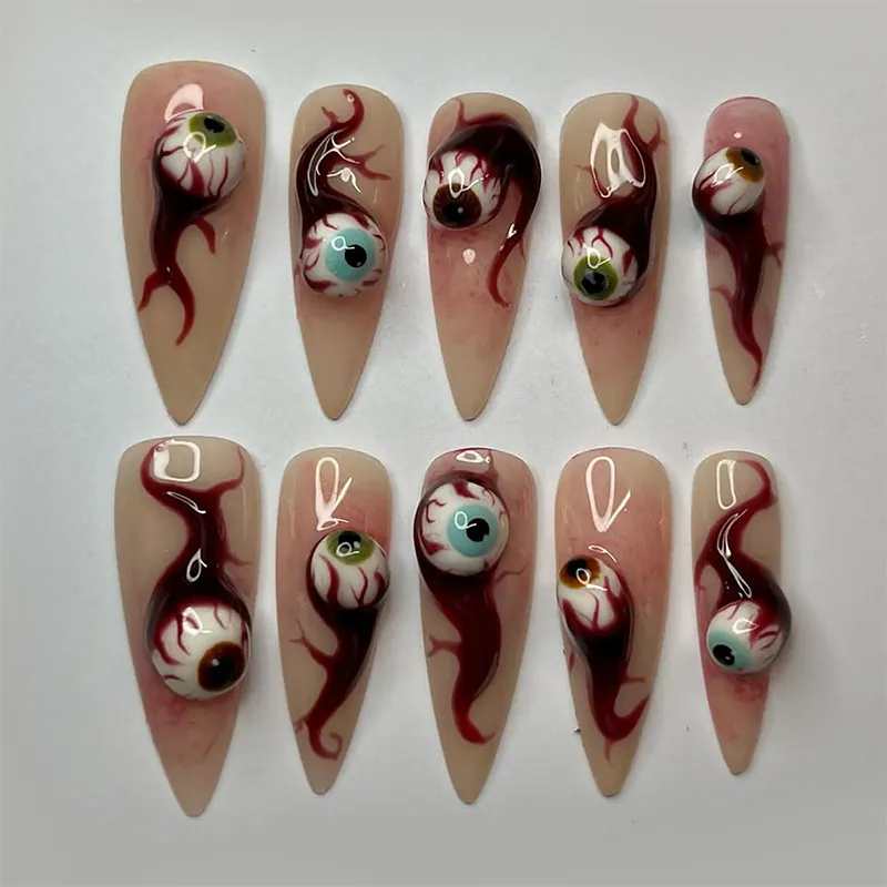 Halloween Stiletto Press On Nails 3D Eyeball Gothic Blood Veins Long Artificial Fingernails For Party