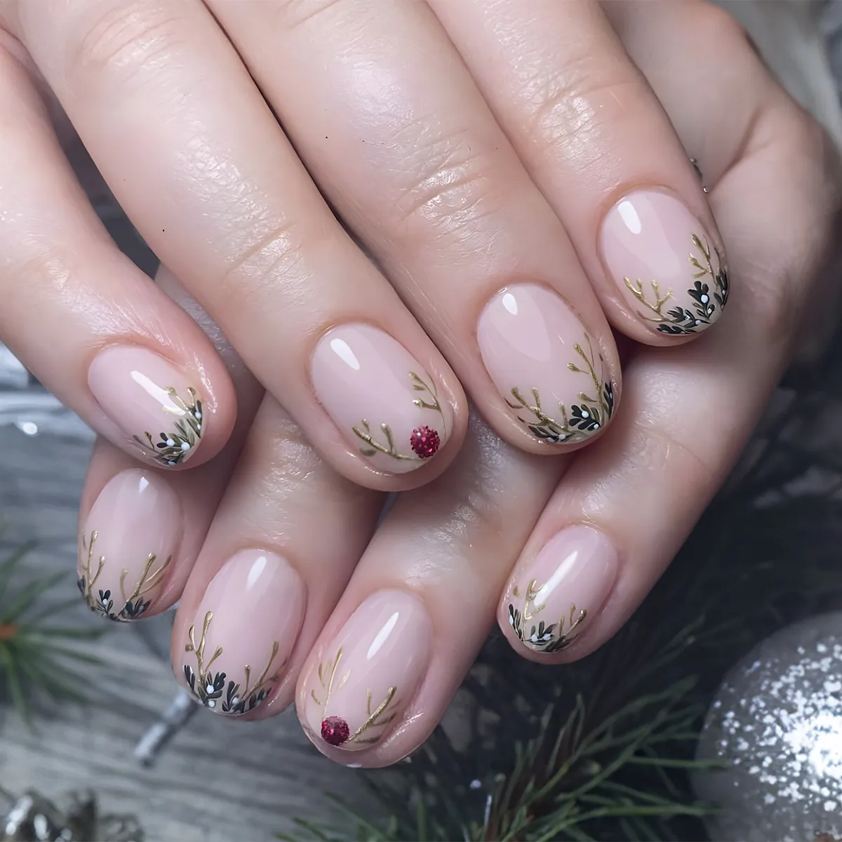 Christmas Press On Nails Short Square Reindeer Antlers Foliage Pattern Rhinestone Elegant Festive Artificial Fingernails