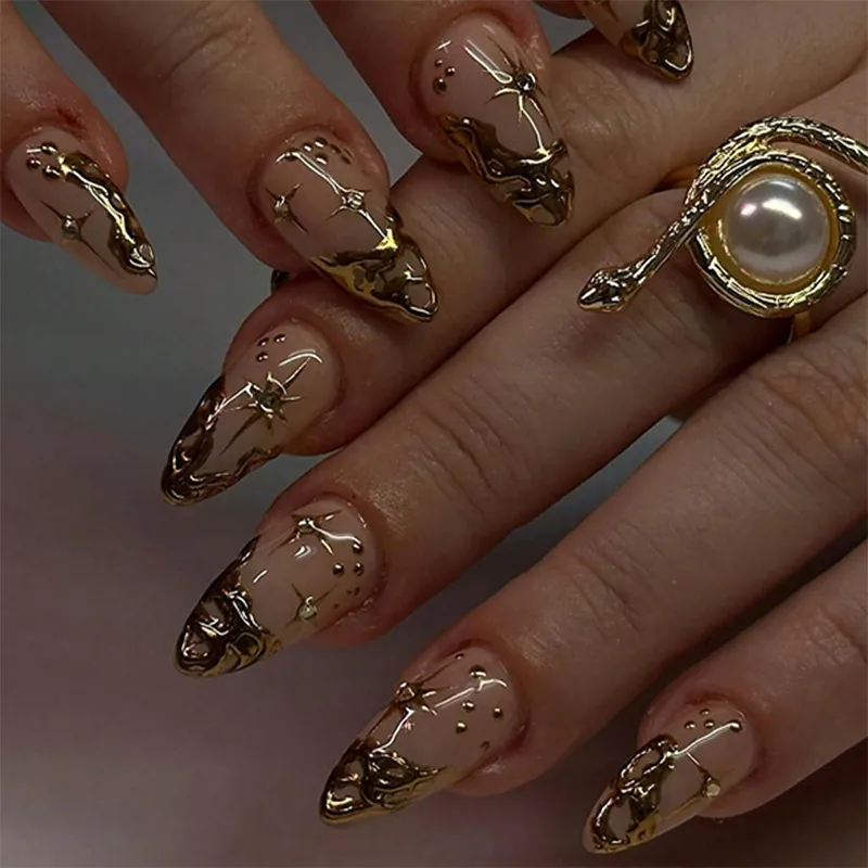 Almond Press On Nails Nude Pink Gradient Gold Lines Star Patterns Rhinestone Glossy Elegant Long Fake Nails