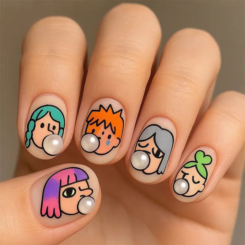 Faux Ongles Courts Ronds Dessin Animé Peints À La Main Avec Décor De Künstliche Perles 3D Pour Manucure DIY
