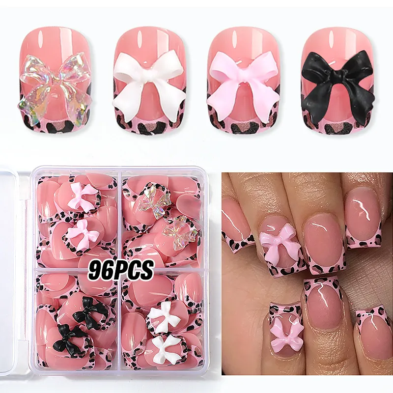 French Leopard Print Press On Nails With 3D Bow Decoration Square Fake Nails For Women Manicure Aesthetic