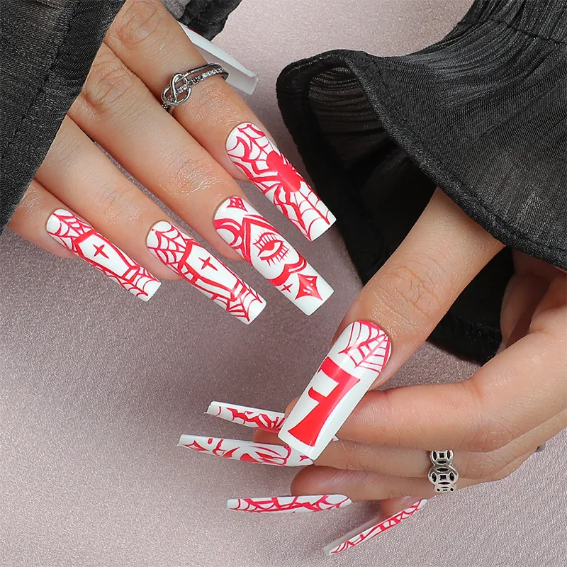 Halloween Press On Nails Long Coffin Shape Plastic Red White Spider Web Cross Gothic Design False Nails For Women Party Decoration