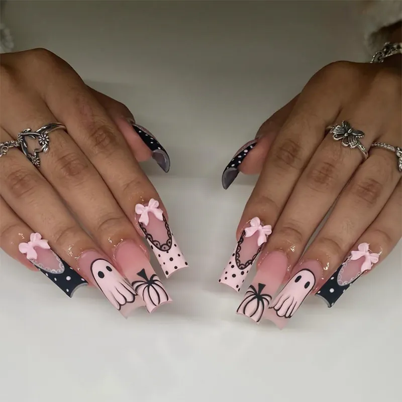 Halloween Press On Nails Long Coffin False Nails Pink Black Ghost Pumpkin Pattern 3D Bow Decoration For Women