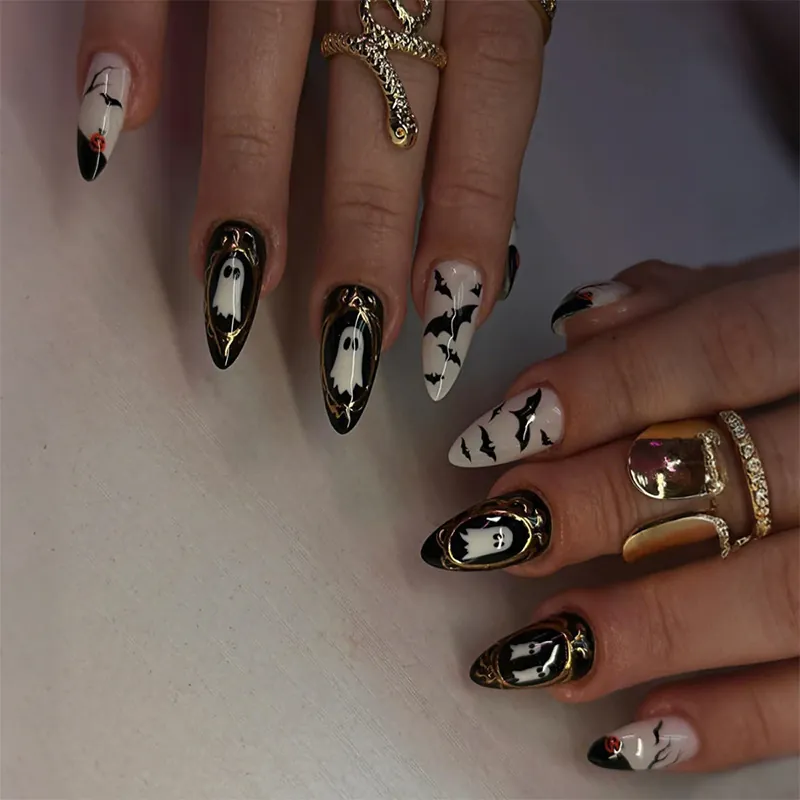 Halloween Press On Nails 3D Gilded Ghost Bat Pumpkin Pattern Almond Shape Glossy Gothic False Nails For Women Festive