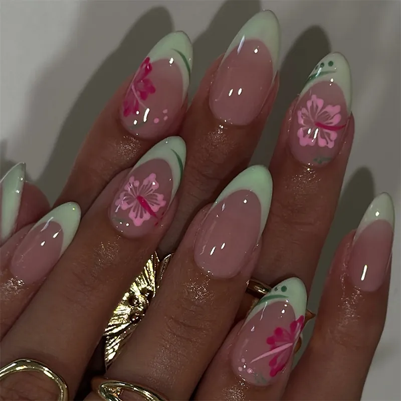 Unghie Finte Press On French Tip Forma Mandorla Verde Menta Motivo Floreale Ibisco Lucido Per Donne
