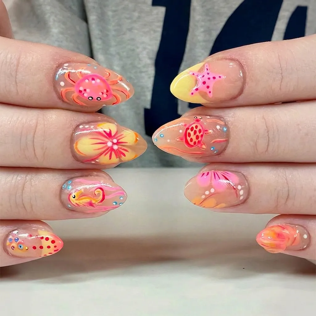 Almond Shape Press On Nails Summer Ocean Marine Creatures Hand Painted Style False Nails With Adhesive Tabs And File