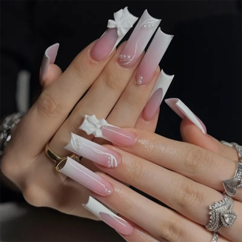 Press On Nails Long Square Pink White Gradient French Style With 3D Bow Knot Artificial Pearls Artificial Finger Nails For Women