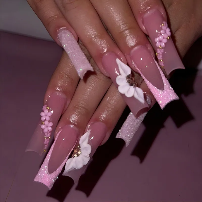 Long Coffin Press On Nails Gradient Pink Glitter 3D Tulip Flower Decor Rhinestone False Nails For Women