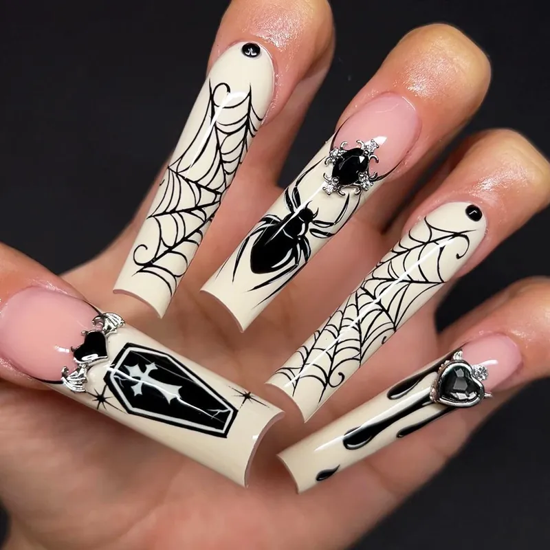 Halloween Sarg Kunstnägel Gotisch Spinnennetz Spinne Sarg Kreuz Strass Lange Falsche Nägel Damen DIY