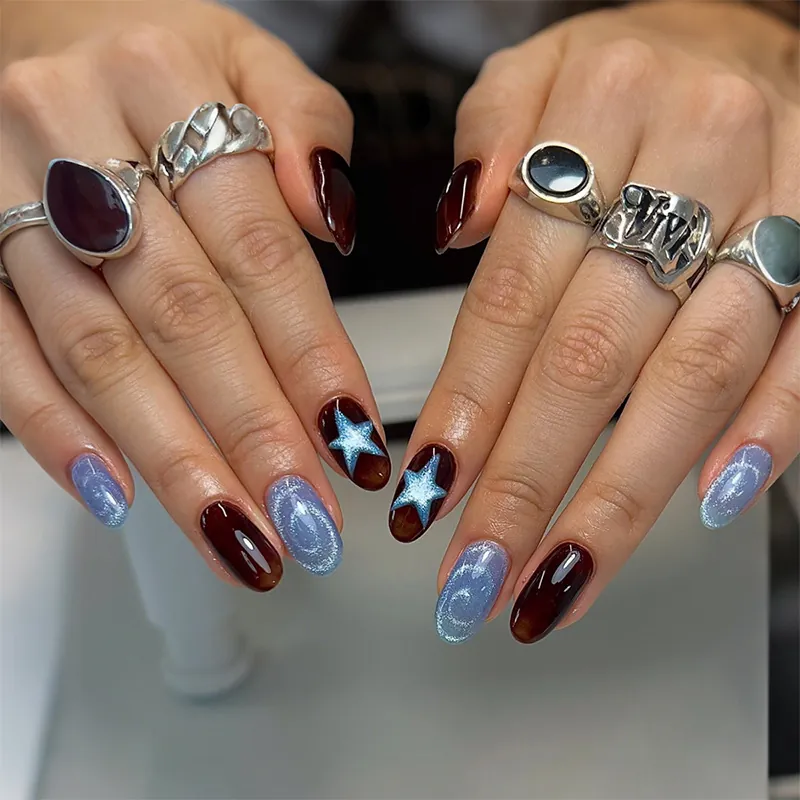 Short Oval Press On Nails Glossy Cat Eye Effect Star Pattern Artificial Fake Nails For Women Manicure