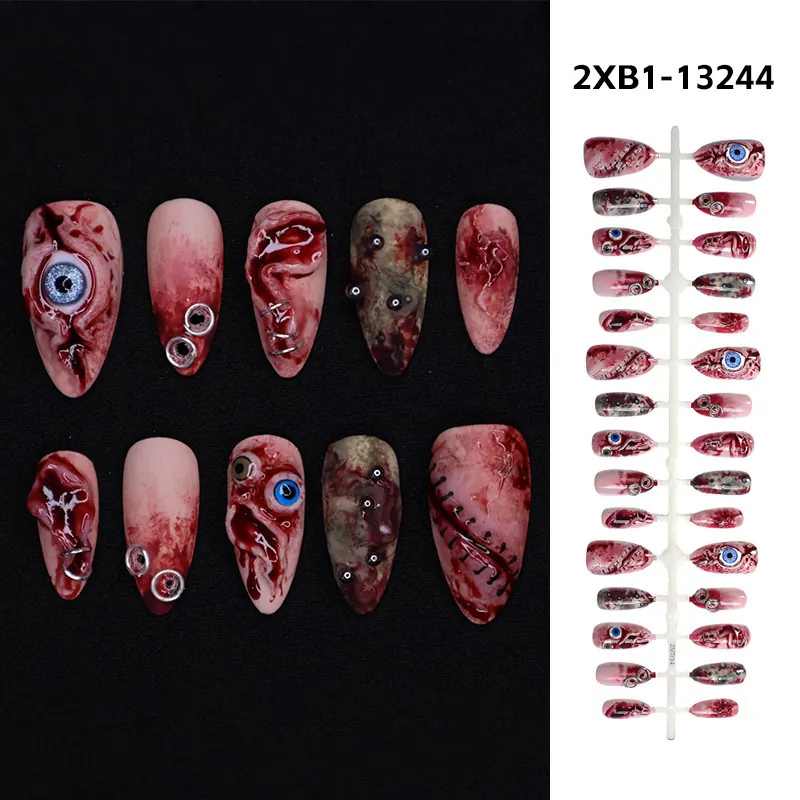 Halloween Press On Nails Almond Long Artificial Nails With 3D Eyeball Splatter Blood Stitches Metal Ring Gothic Style