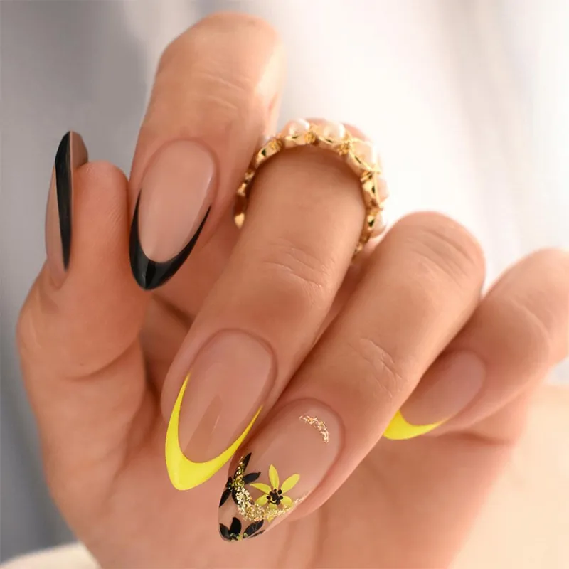 Faux Ongles Forme Amande French Tip Jaune Motif Fleur Feuille Amovibles Brillants Pour Femmes