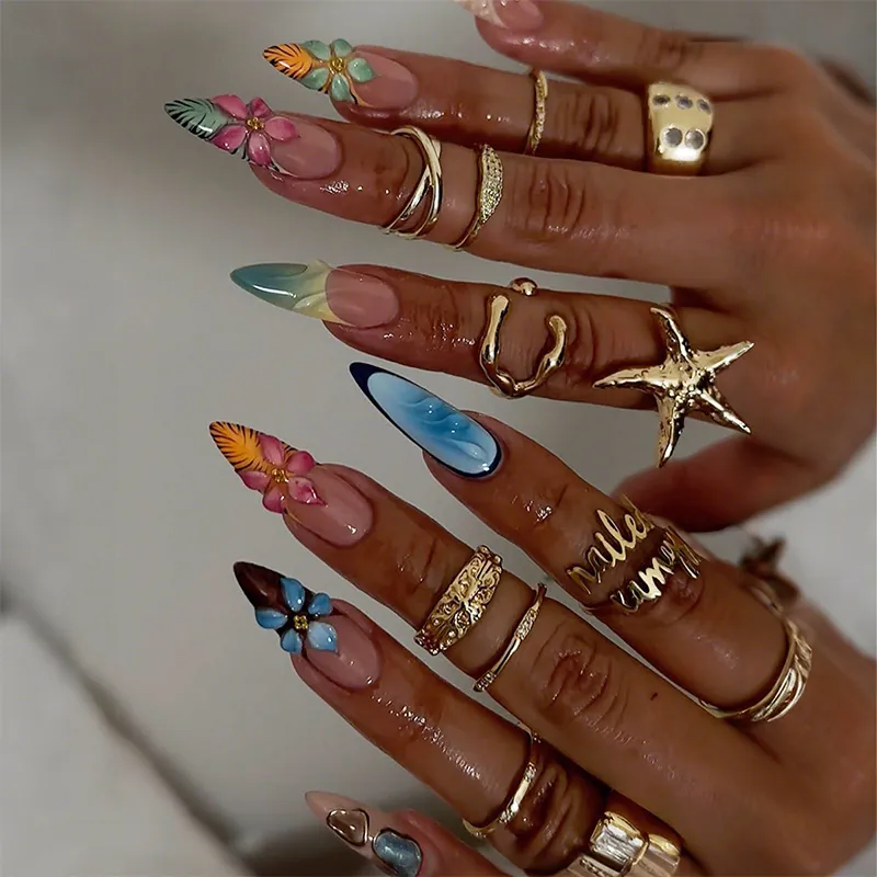 Press On Nails Long Stiletto Fake Nails With 3D Floral Design French Style Tropical Pattern Hand Painted ABS Plastic Women DIY