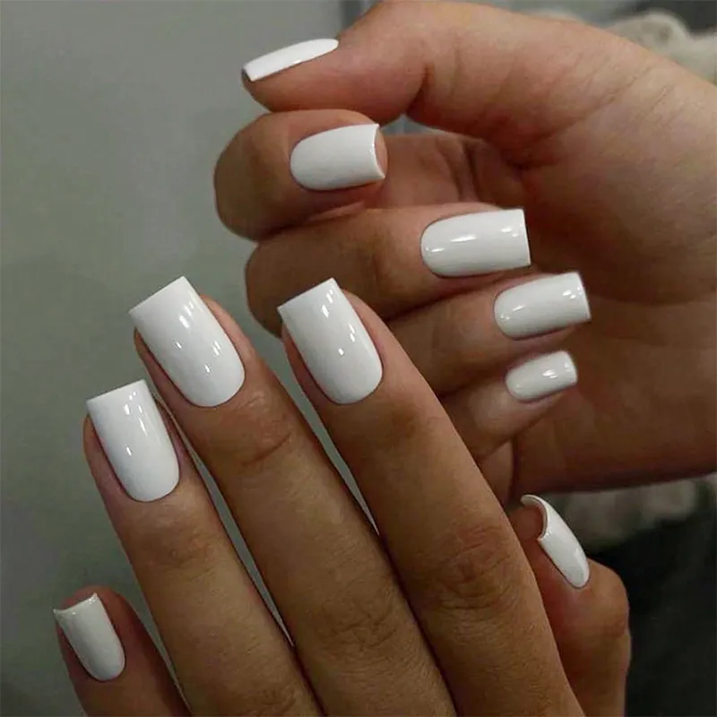 Glossy White Press On Nails Square Coffin Artificial False Nail Tips For Women Daily Manicure ABS Resin
