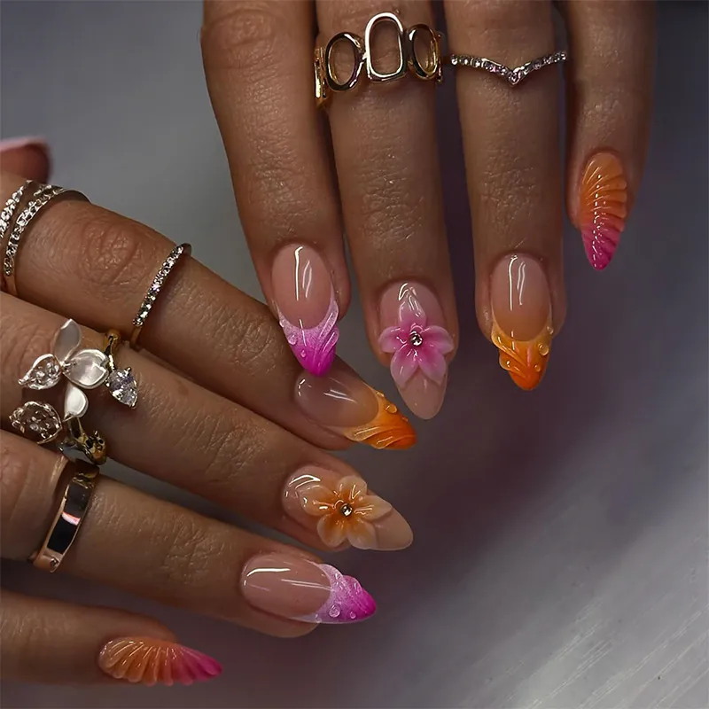 Press On Nails Almond Shape Pink 3D Flower Rhinestone Gradient French Tip Elegant Artificial False Nails For Women