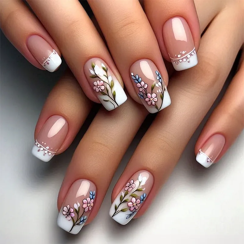 French White Tip Press On Nails Painted Flower Medium Long Squoval Shape Elegant Glossy Artificial Nails For Women