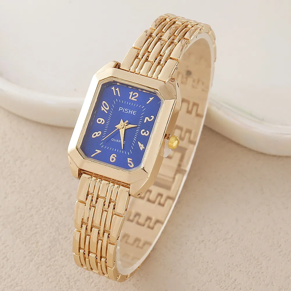 Montre À Quartz Pour Femme Boîtier Rectangulaire En Alliage Bracelet À Maillons Chiffres Arabes Élégante Décontractée