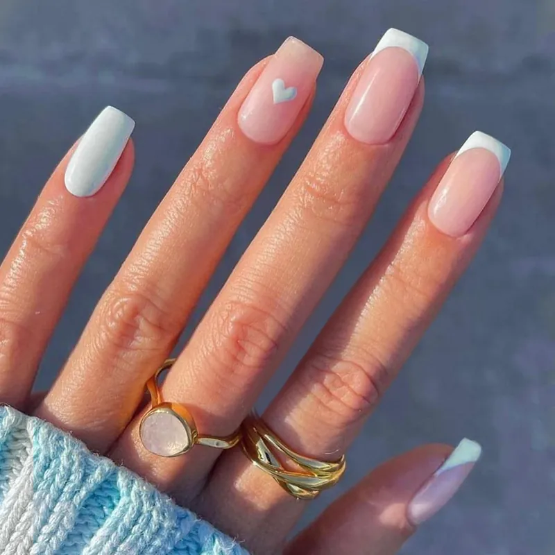 French Style Press On Nails Nude Pink Light Blue Heart Pattern Medium Long Square Fake Nails With Jelly Glue For Women DIY Manicure