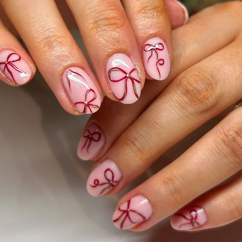 Ins Style Pink Red Bowknot Press On Nails French Short Round Fake Nails With Jelly Glue And File For Valentine Women
