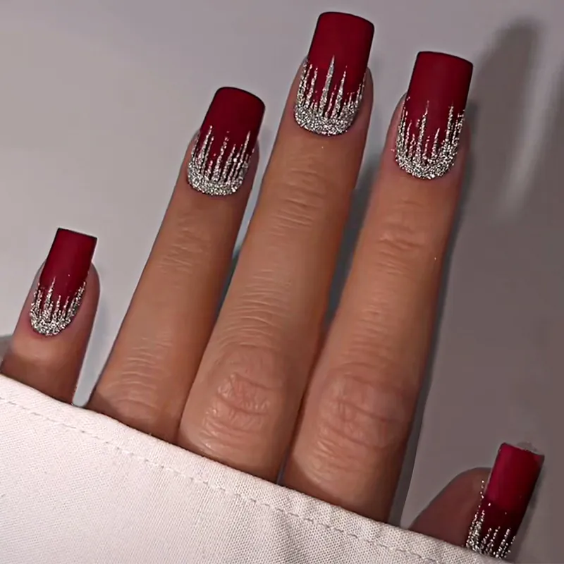 Matte Red Press On Nails Silver Glitter Gradient Long Square French Style Full Cover Removable Fake Nails