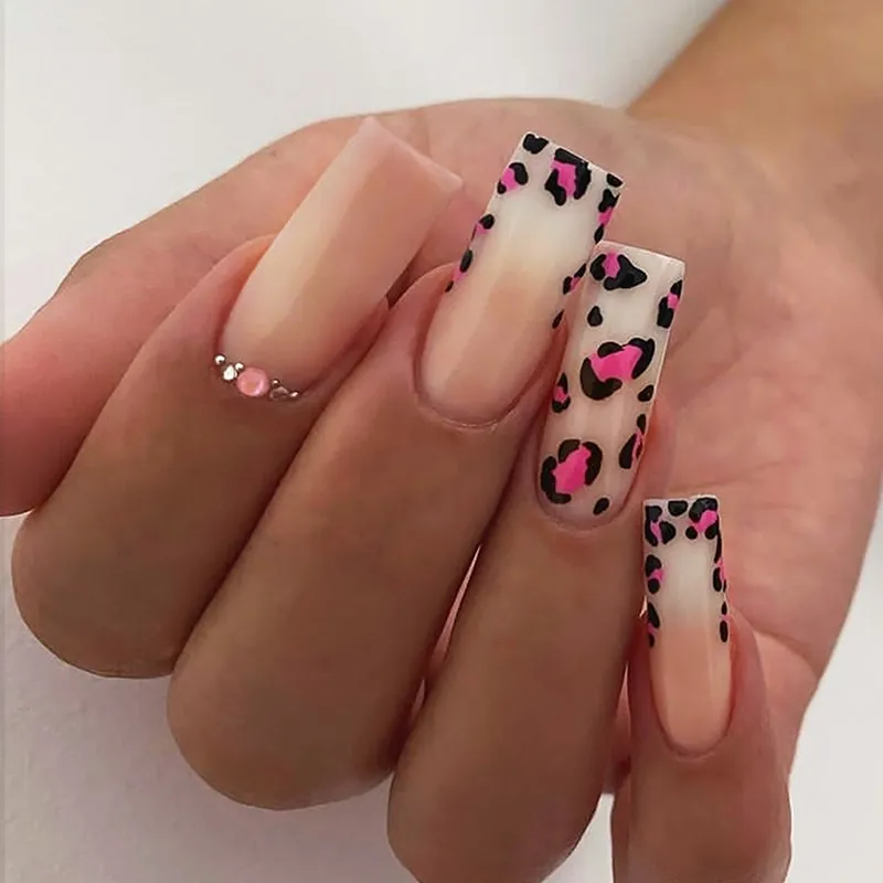 Press On Nails Long Coffin Square Pink French Gradient Leopard Print Art Artificial Nails With Rhinestones Beads Women